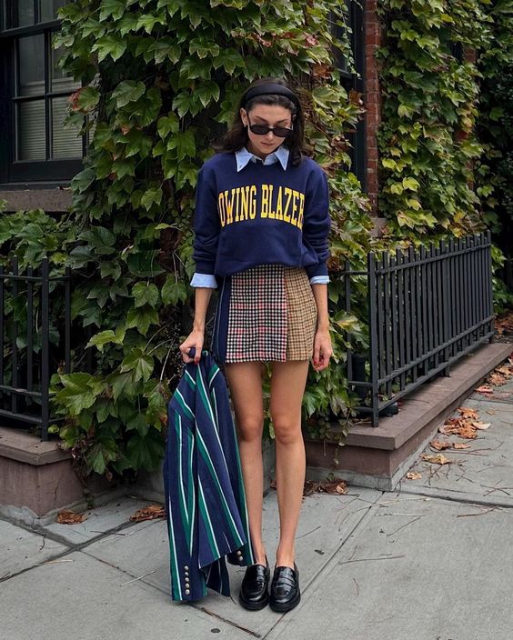 Navy Sweater and Plaid Skirt